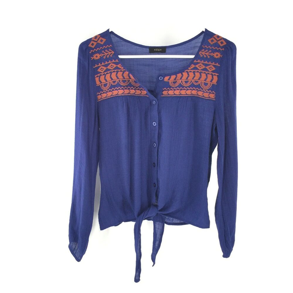 Edge Embroidered Tie Front Top Size Medium Royal Blue Dark Orange Boho Blouse M